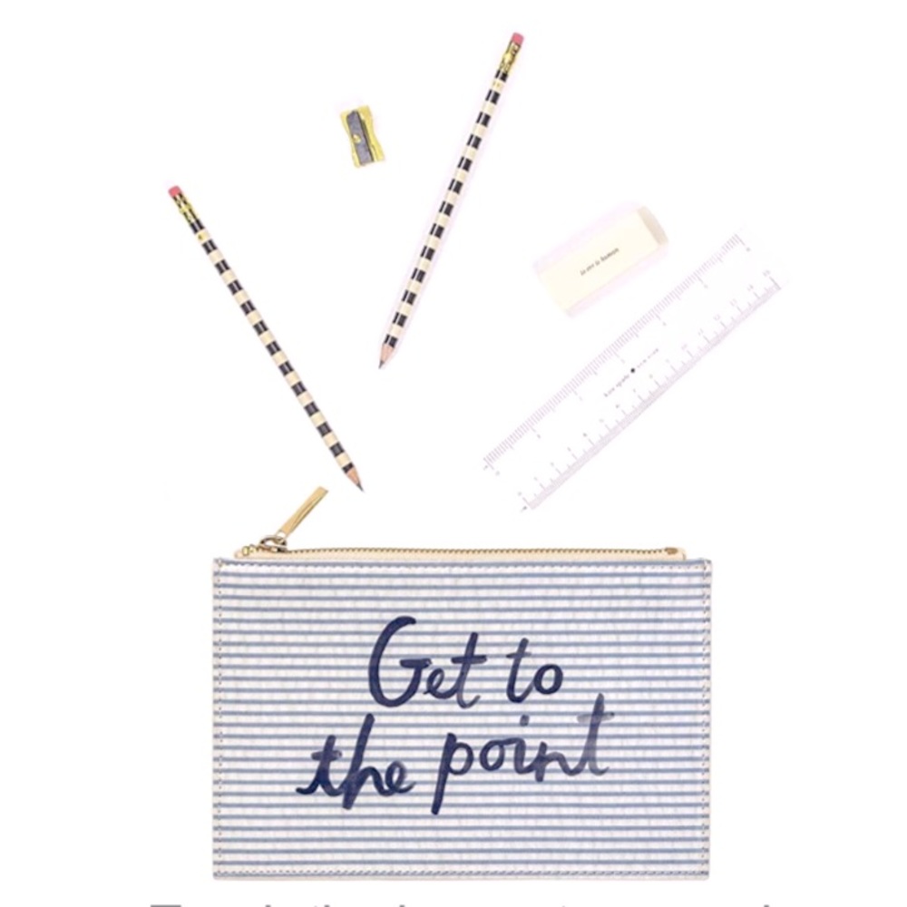 Kate Spade Seersucker Pencil Case Zip Pouch Navy Blue Office School Supplies NWT